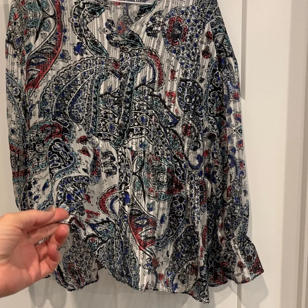 Paisley Print Long-Sleeve Peasant Button Down Top - White/Blue NWOT - Picture 8 of 9
